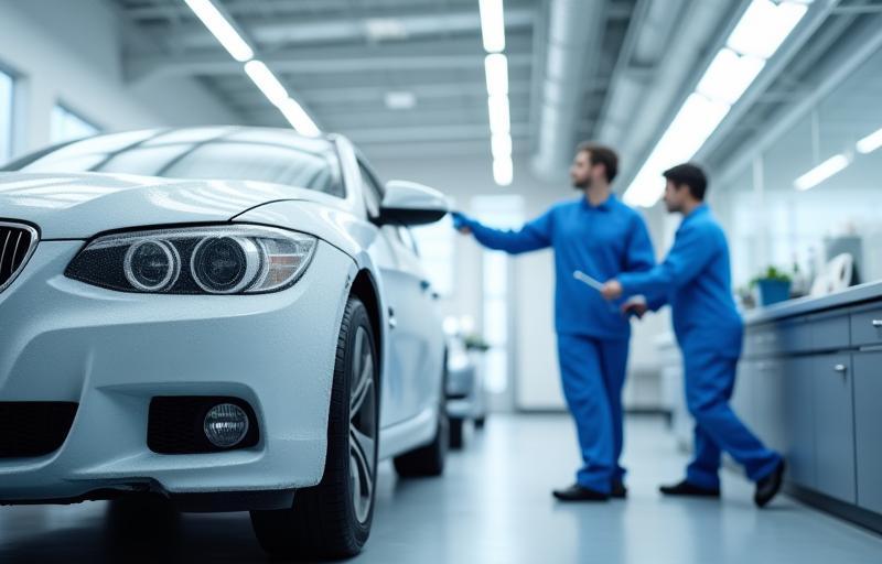 Membri del team di Lavaggio Perfetto che lavorano insieme in una baia di autolavaggio pulita e organizzata