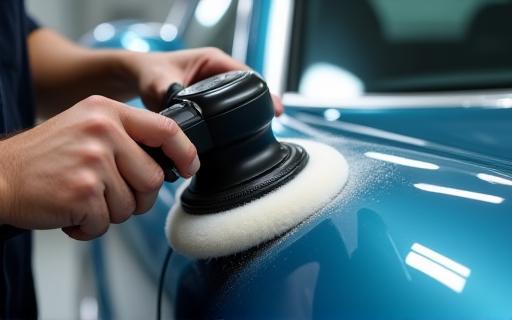Auto che viene lucidata professionalmente con una lucidatrice rotorbitale