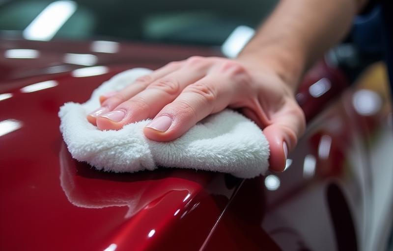 Primo piano di un'auto lucida che viene professionalmente lucidata con un panno in microfibra, mostrando una profonda brillantezza